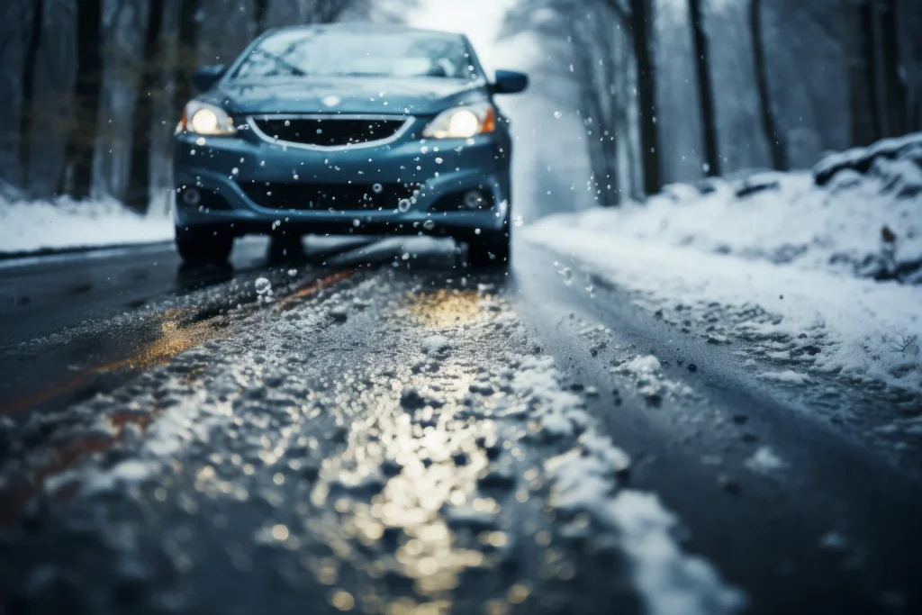 A car drives down a wet, snow-lined road with water droplets splashing up, reflecting winter trees and overcast sky in the early morning light.