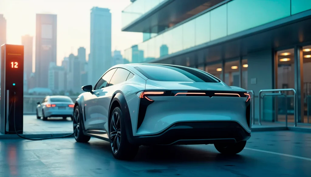 A sleek white electric car is charging at a station in a modern city, with tall buildings and glass architecture visible in the background during daylight.