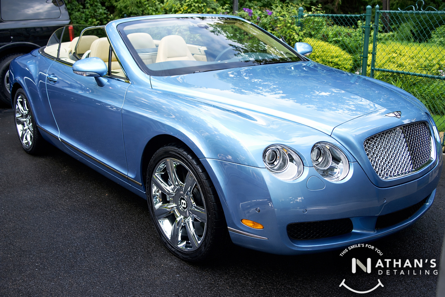 Blue convertible polished exterior during mobile detailing