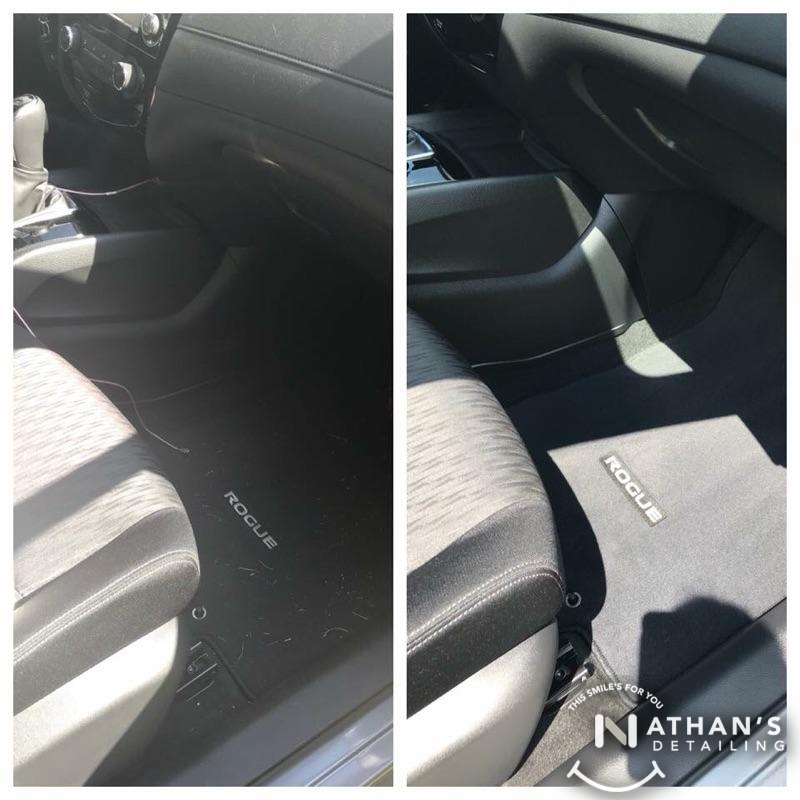 Cleaned passenger floor area before after during mobile detailing