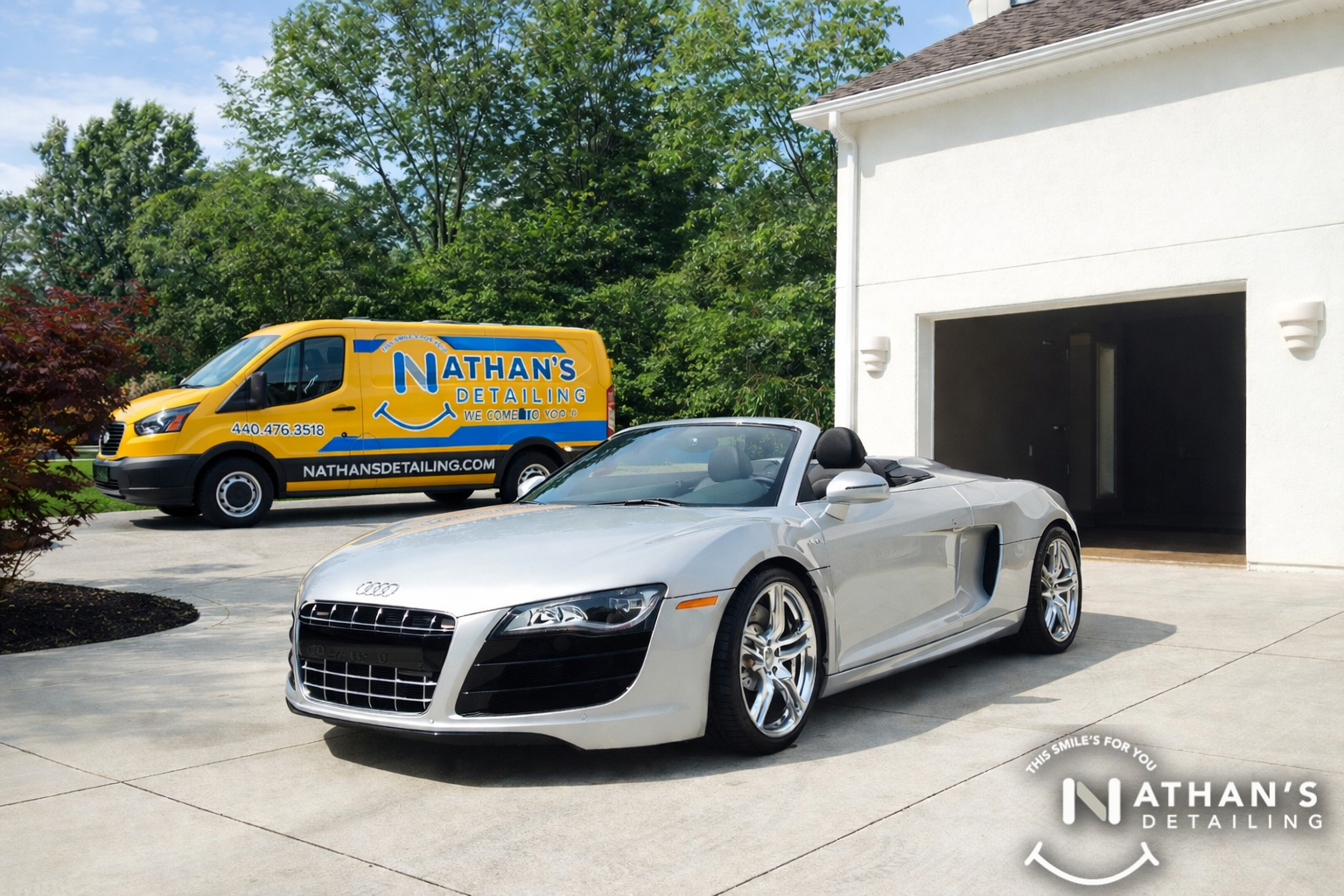 Convertible sports car detailed in driveway during mobile detailing in Wadsworth