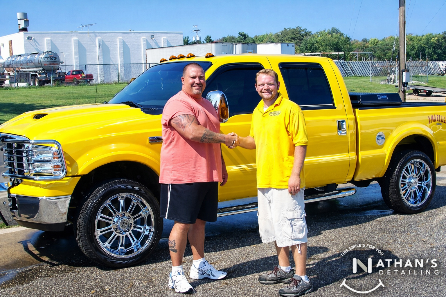 Customer handshake after truck detail during mobile detailing