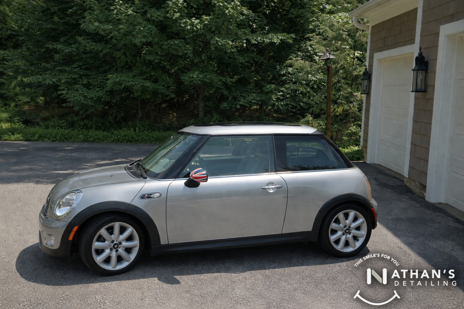 Mini cooper clean side profile driveway during mobile detailing
