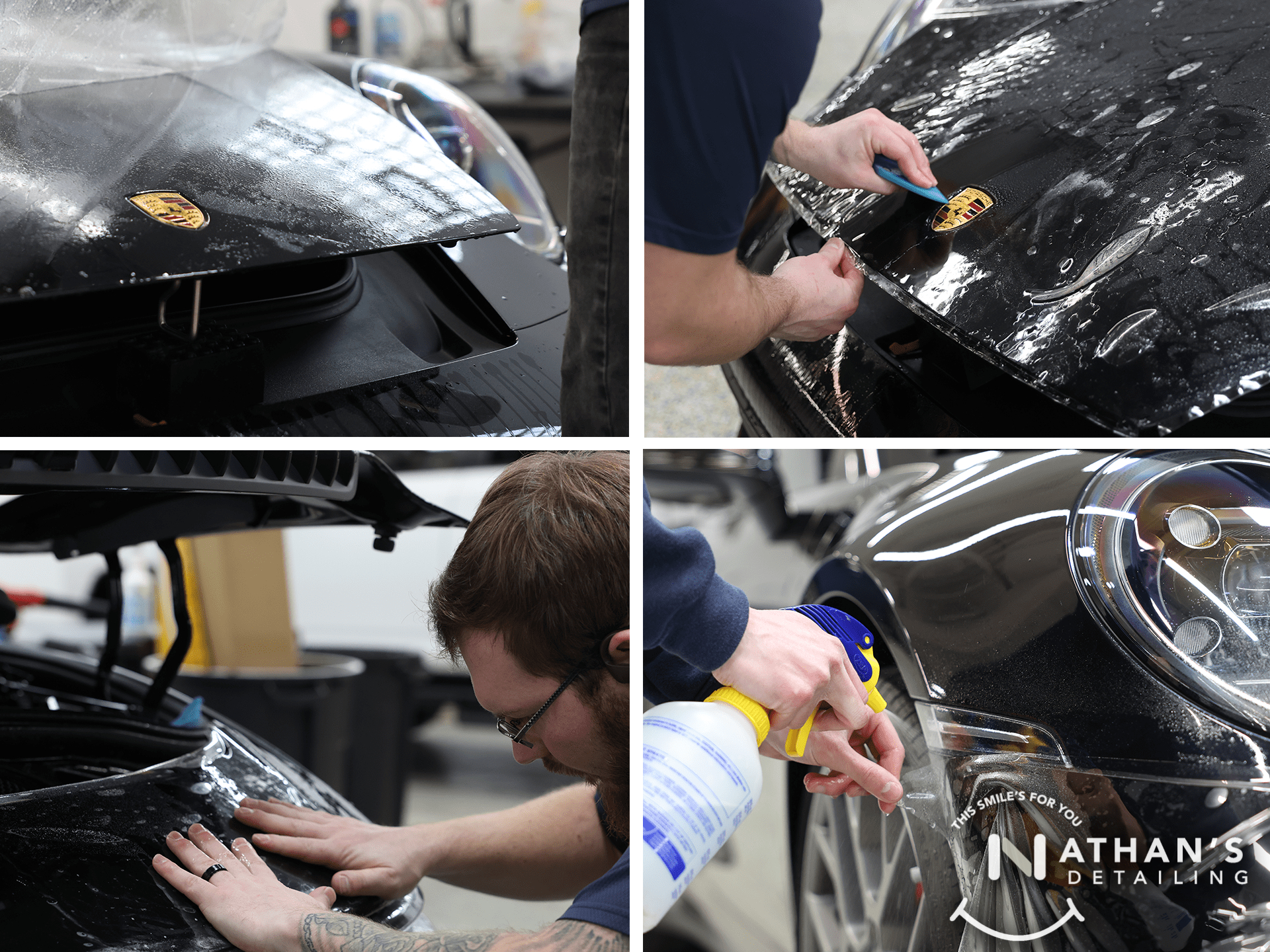Collage showing paint protection film installation steps on a Porsche front end.