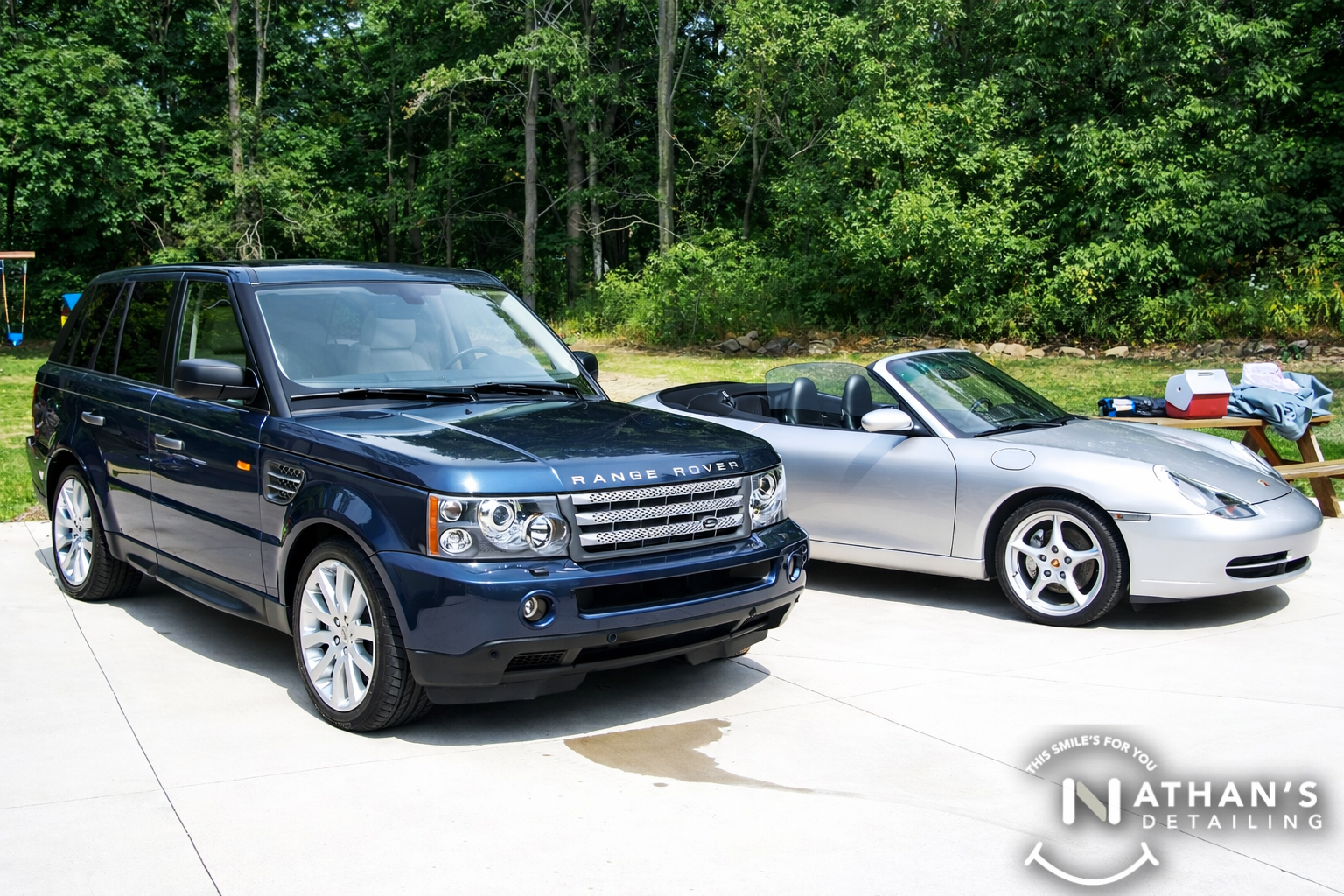 Range rover and convertible after detail during mobile detailing in Green