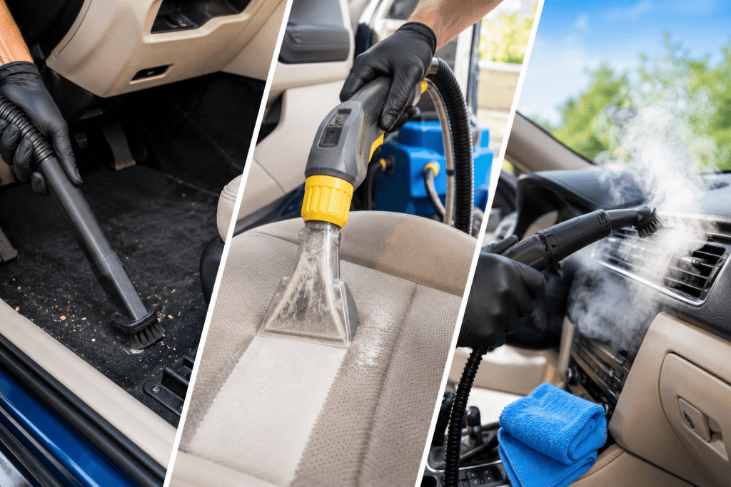 Car interior cleaning with vacuum, extractor, and steam cleaner in Cleveland Ohio.