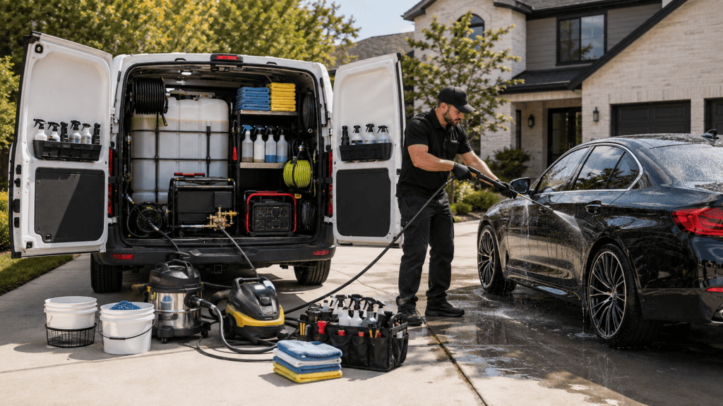 Mobile car detailing technician washing a black sedan in Cleveland, Ohio.