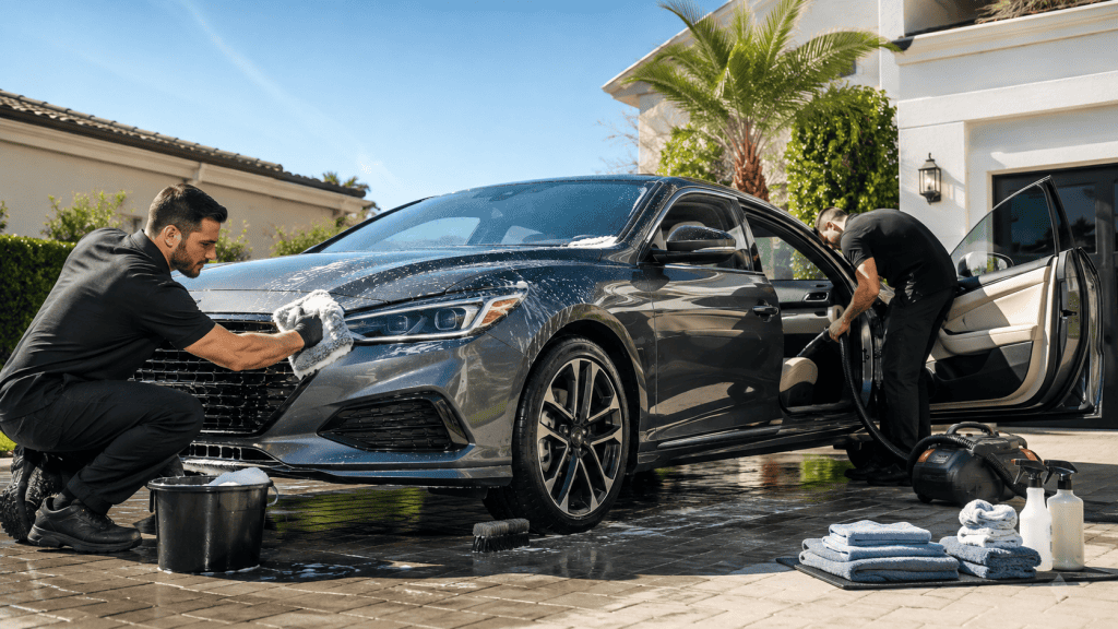 Mobile car detailing service cleaning a black sedan in Cleveland, Ohio.