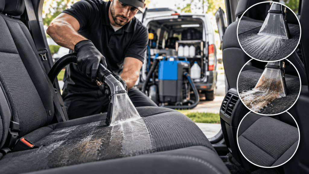 Mobile car detailing with hot-water extraction in Cleveland, Ohio.