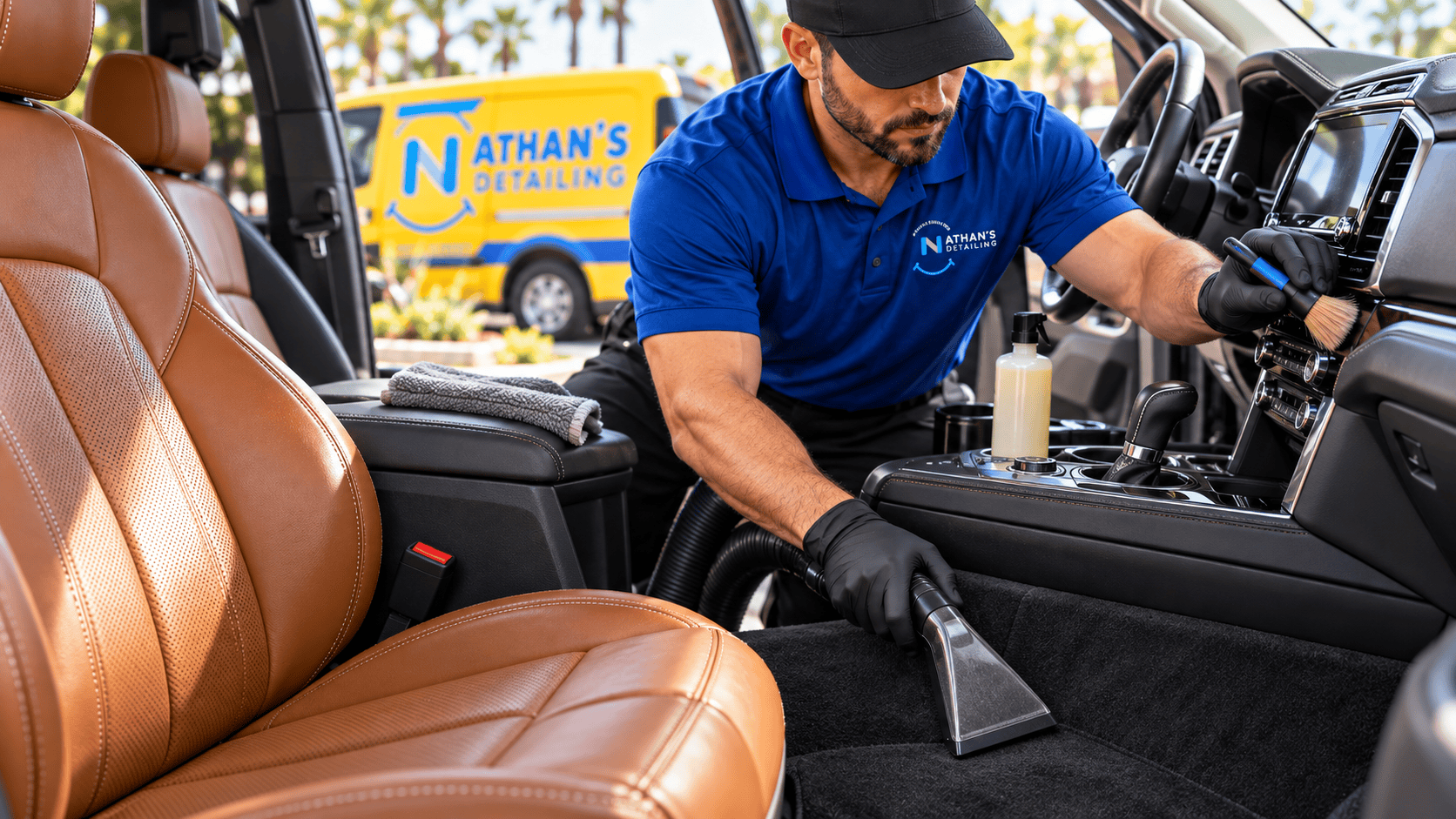 Mobile car detailing technician cleaning vehicle interior in Cleveland, Ohio.