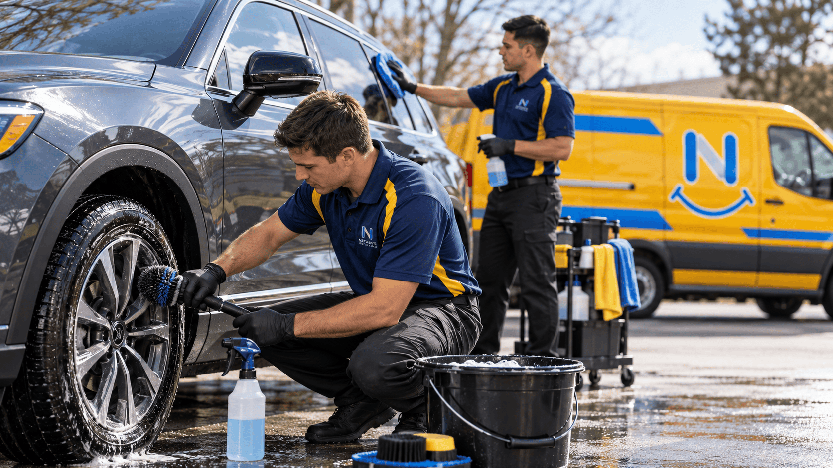 Mobile car detailing in Cleveland with focus on wheels and exterior glass cleaning.