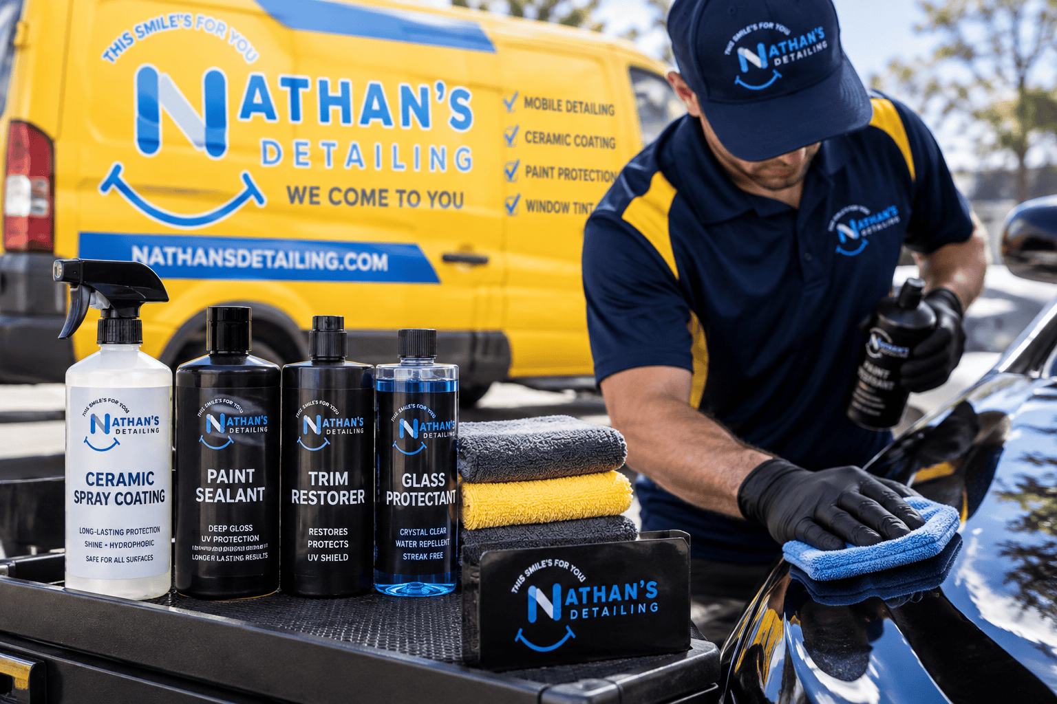 Nathan's Detailing technician applying ceramic coating to a vehicle in Cleveland, Ohio.