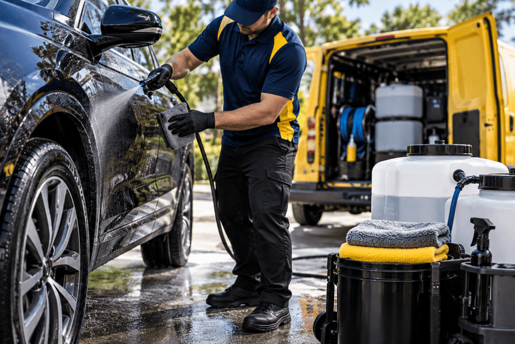 Mobile car detailing in Cleveland with pressure washing and cleaning equipment.