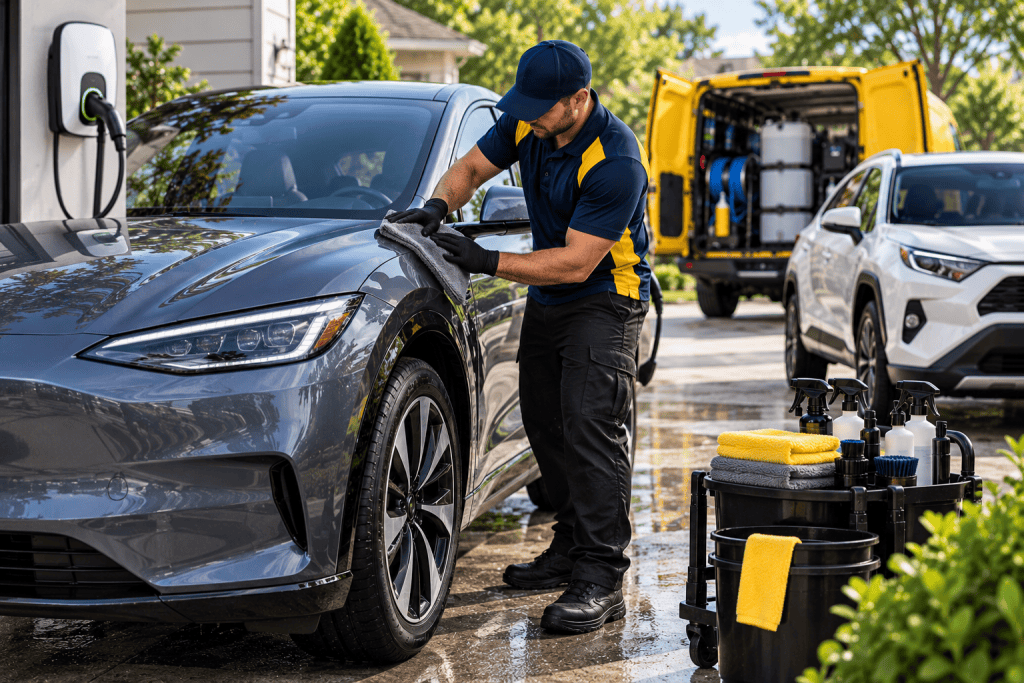 Mobile car detailing service cleaning a gray electric vehicle in Cleveland, Ohio.