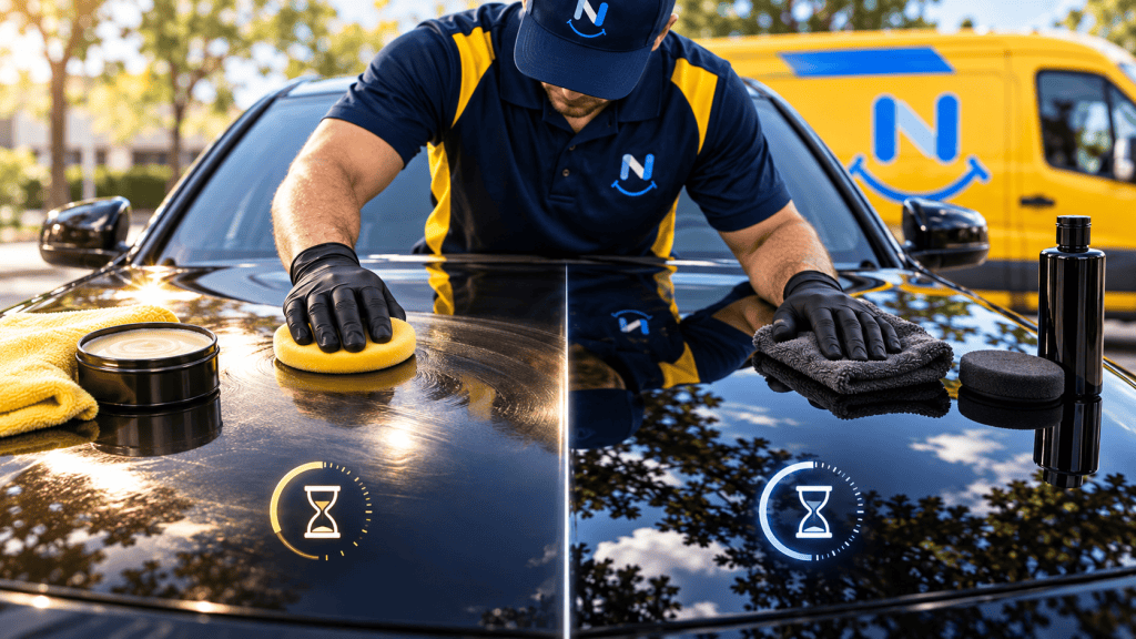 Auto detailer applying ceramic coating on a black car in Cleveland, Ohio.