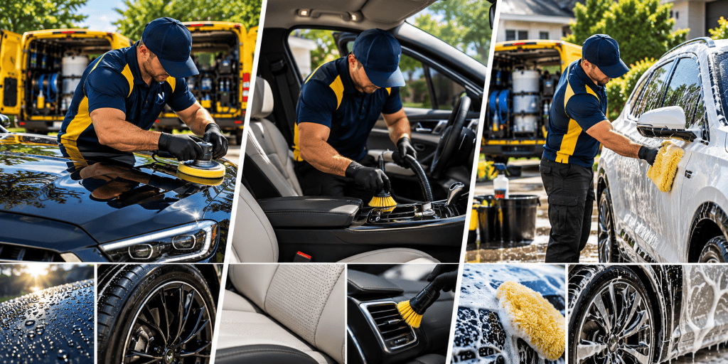 Auto detailer cleaning car exterior and interior in Cleveland, Ohio.