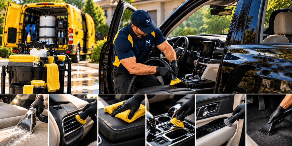 Auto detailer cleaning a vehicle's interior in Cleveland, Ohio.