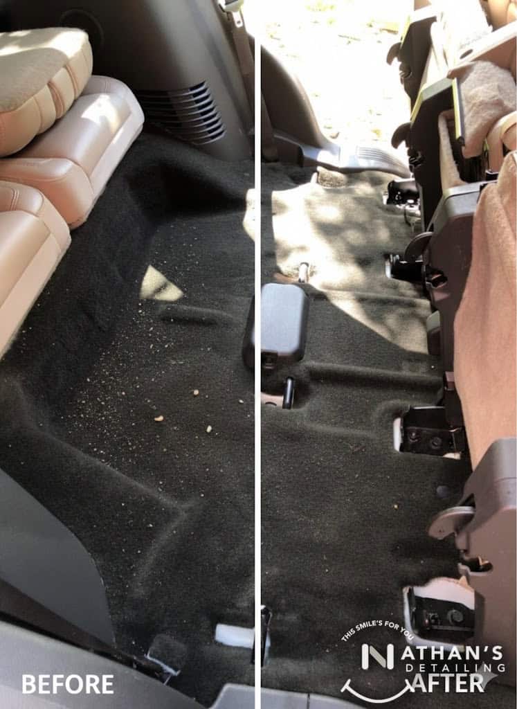 Rear automotive carpet before and after professional vacuuming