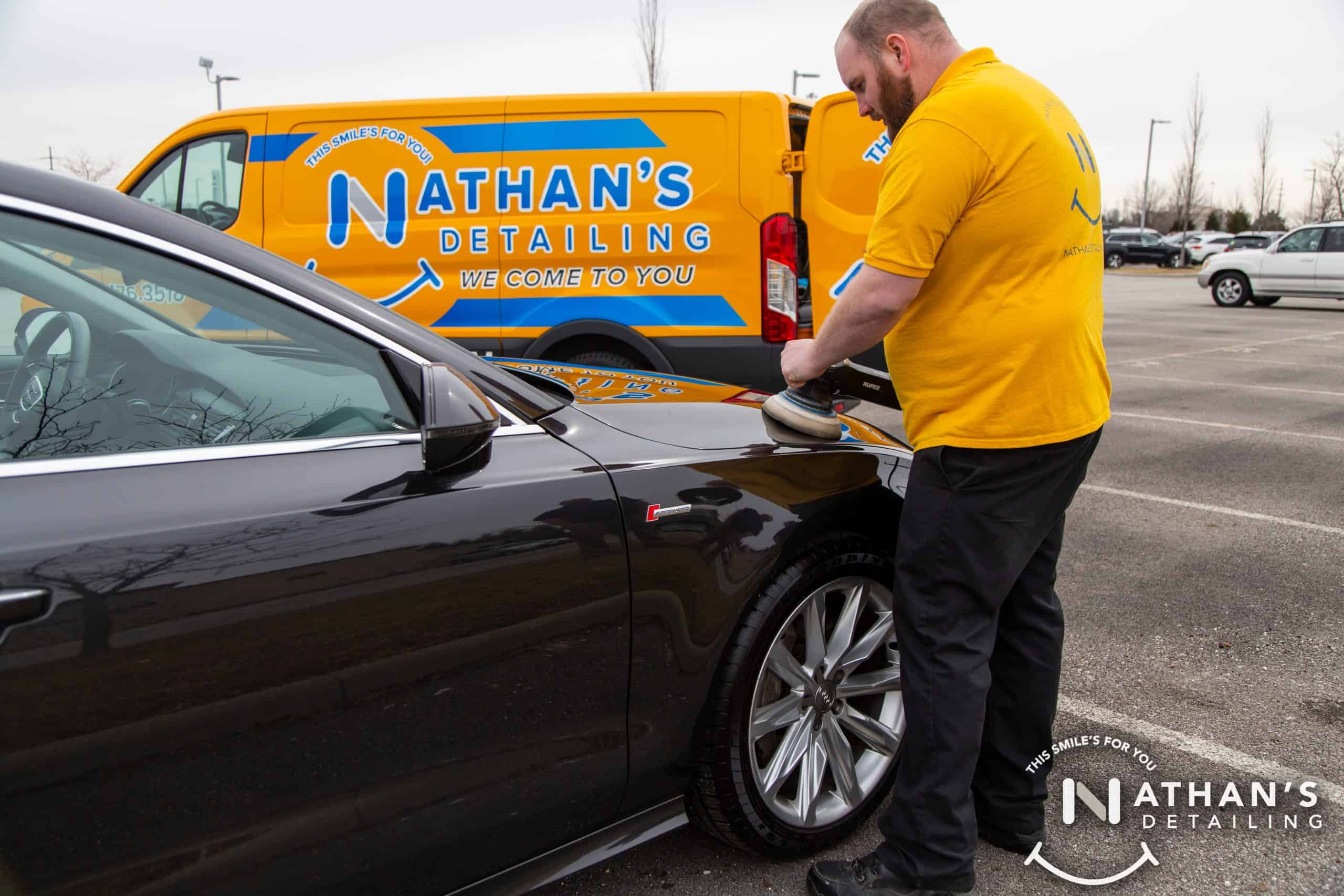 Nathan's technician machine polishing vehicle paint during mobile detailing