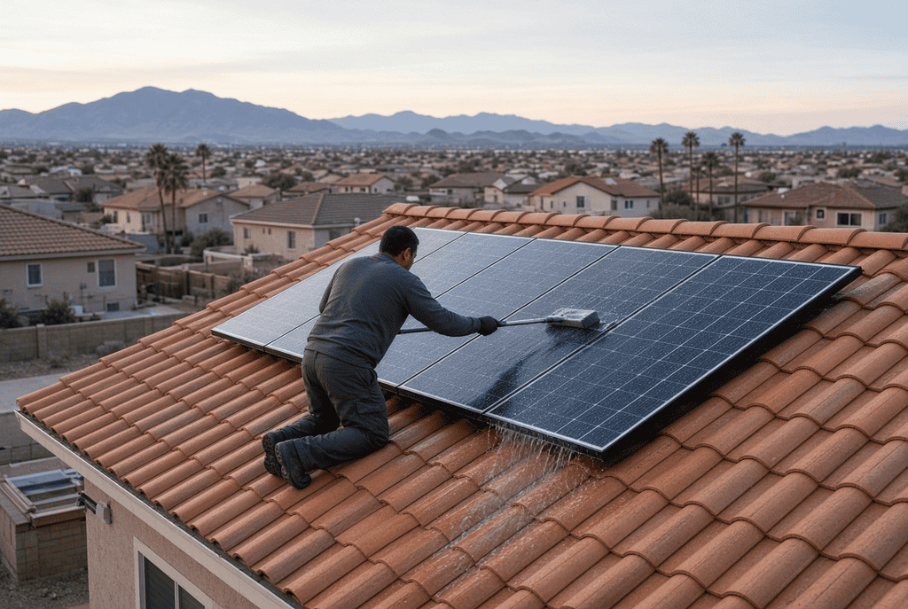 A solar panel technician cleaning dust, monsoon film, and other debris off a solar panel in Las Vegas, NV. 