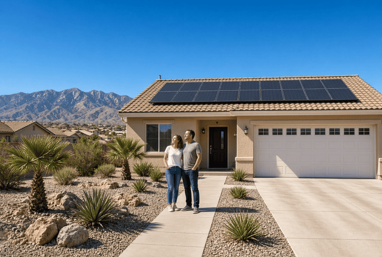 Las Vegas home with rooftop solar and Nevada desert mountains