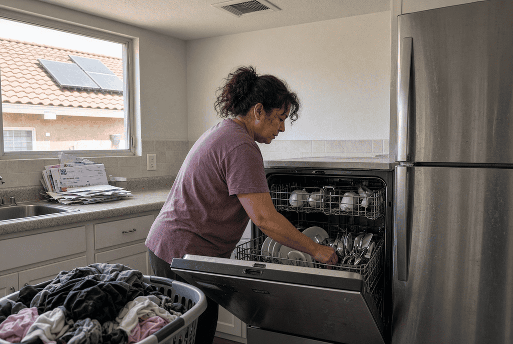 2026 Federal ITC + Nevada Tax Exemptions: Solar Payback Calculator for Southern Nevada Homeowners A Summerlin NV homeowner doing the dishes right before taking the household dirty laundry to be washed. She's doing theses chores based on trying to maximize solar energy savings.