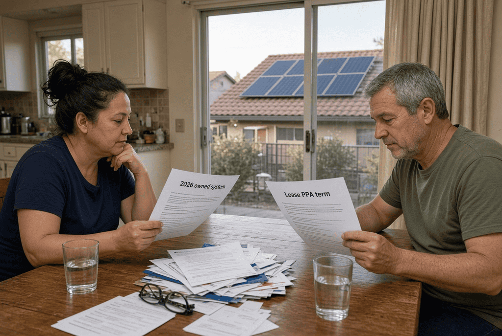 2026 Federal ITC + Nevada Tax Exemptions: Solar Payback Calculator for Southern Nevada Homeowners A couple studying word documents about how a Lease PPA term and how a 2026 owned solar energy system would work financially for their home.