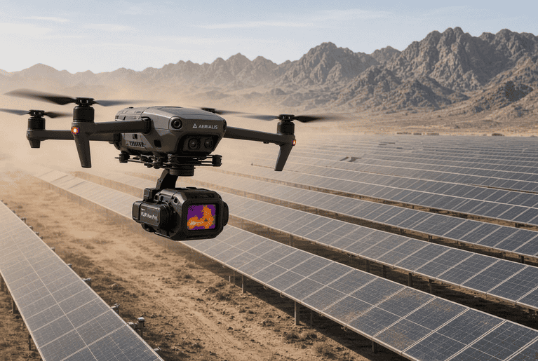 An image of drone solar thermal inspections in action.