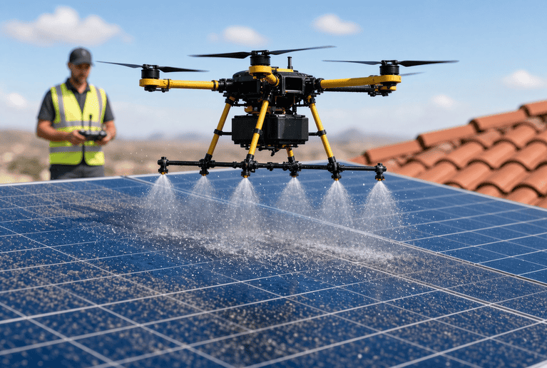 An operator performing drone cleaning services for solar panels in Southern Nevada.