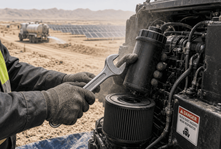 Heavy machinery being serviced on a Nevada solar farm construction site with dust control measures visible as an important part of solar fleet management practices.