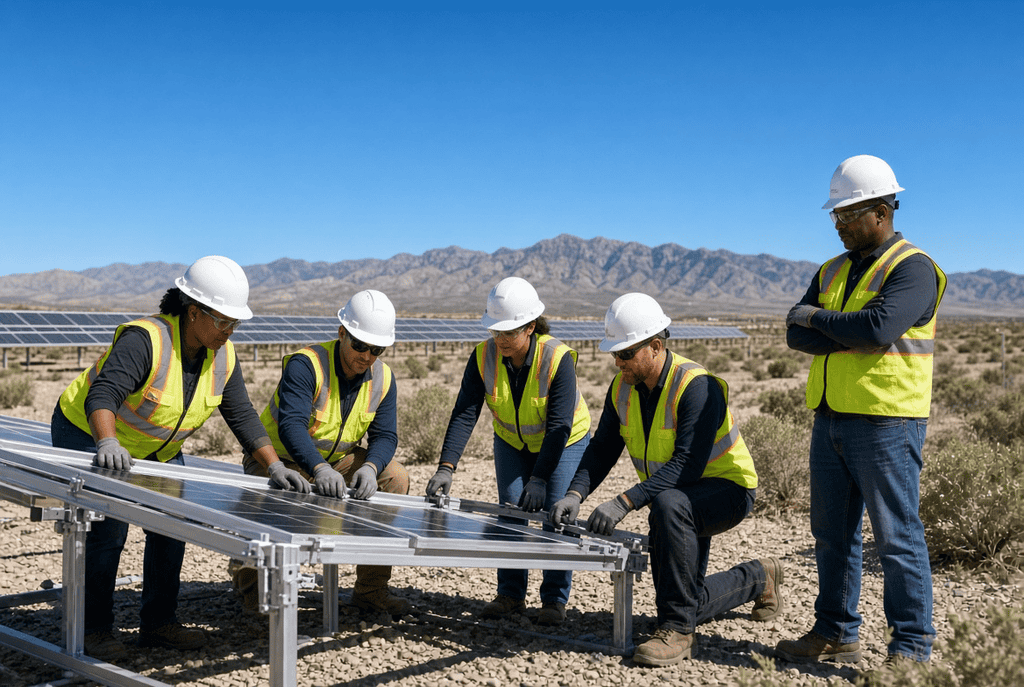 Best Solar Training Programs, Certifications & Funding in Nevada Students in a Nevada solar training setting practicing module racking under desert sun