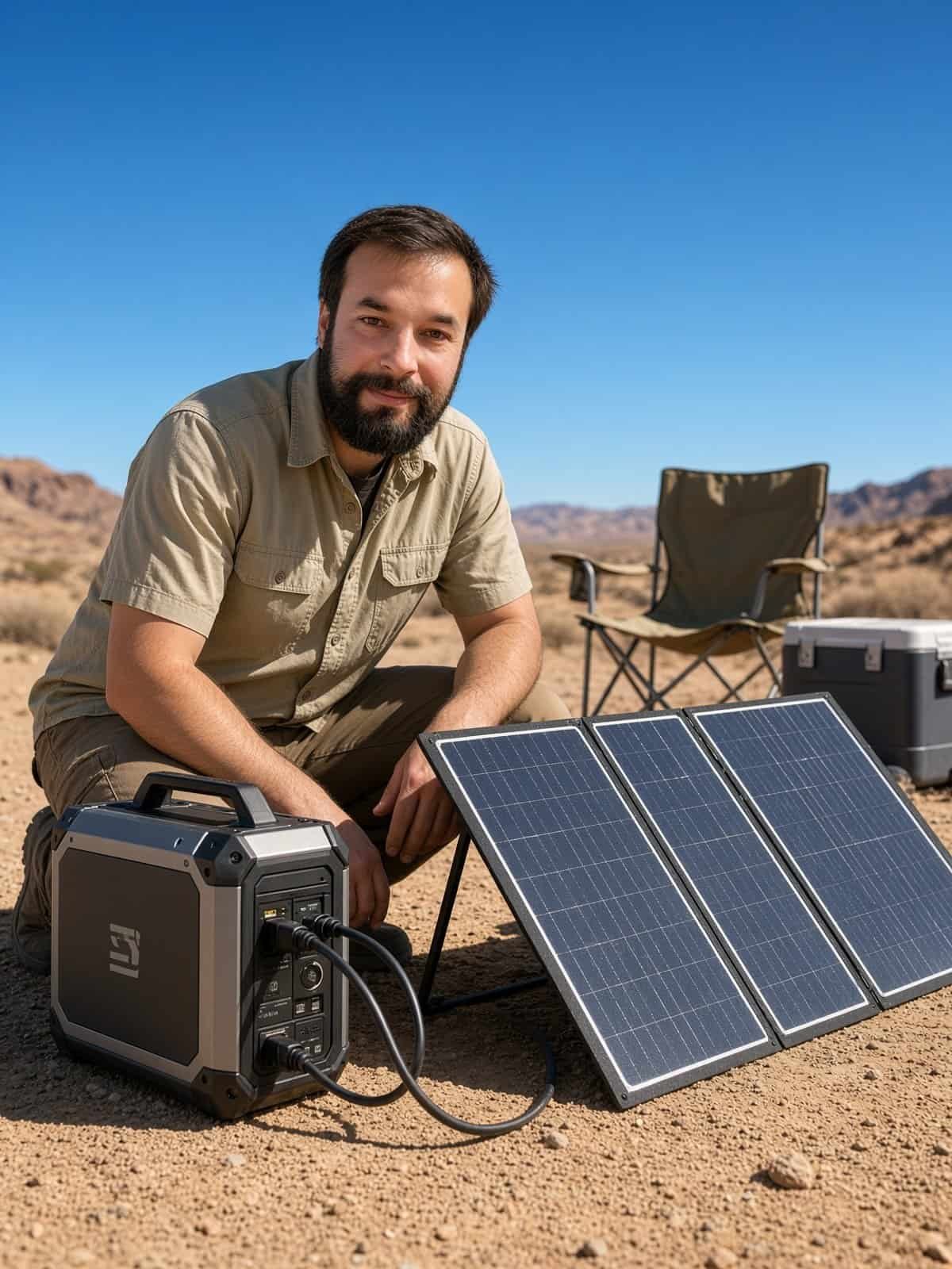 An image of Zach Smith, the founder of Nevada Solar Guide, camping in the Nevada desert using solar equipment.