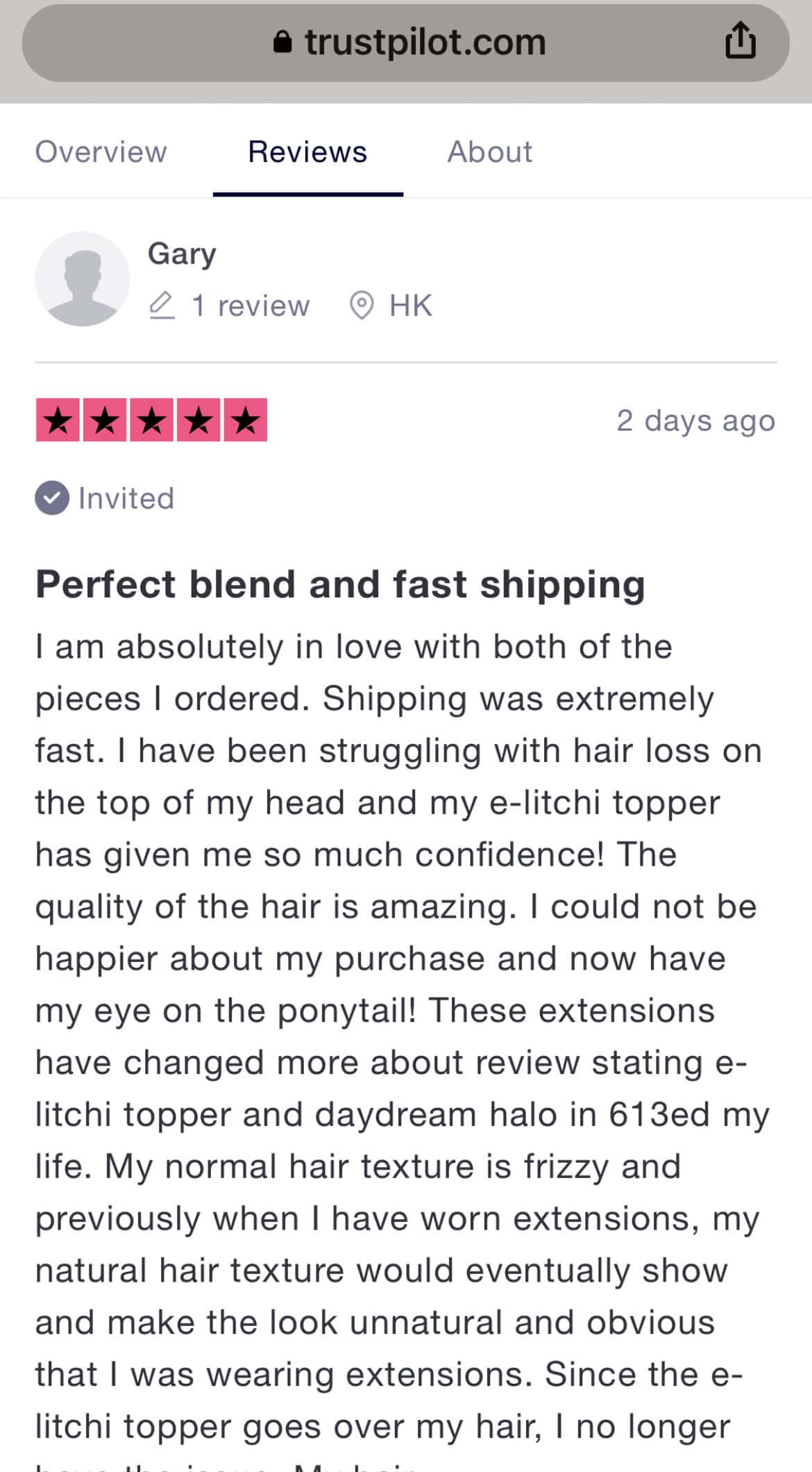 Screenshot of Neveen Wood's Trustpilot review of E-Litchi hair calling out stolen images