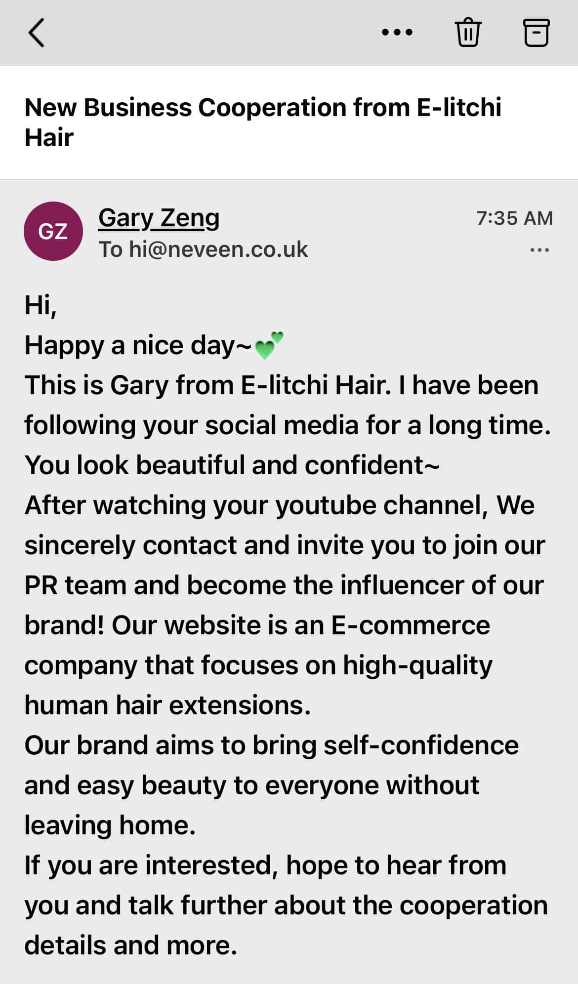 Screenshot of E-Litchi hair emailing Neveen Wood asking her to be an influencer after she called them out for stealing her photos