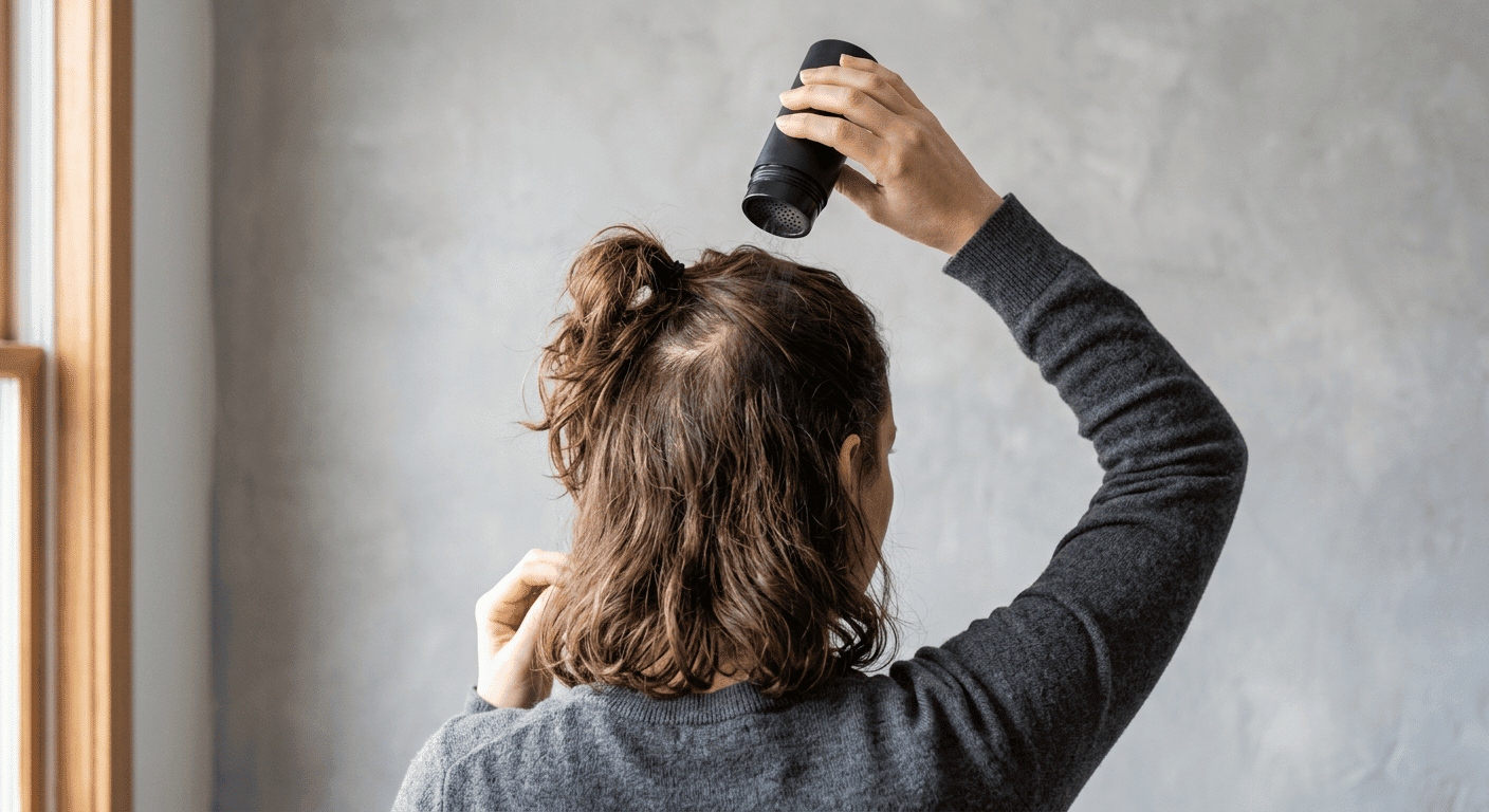A woman with brunette hair photographed from behind, shaking a small unlabelled cylindrical black bottle of hair fibers onto the crown of her head to cover a thinning area. Grey wall background. Realistic lifestyle photography, natural lighting.