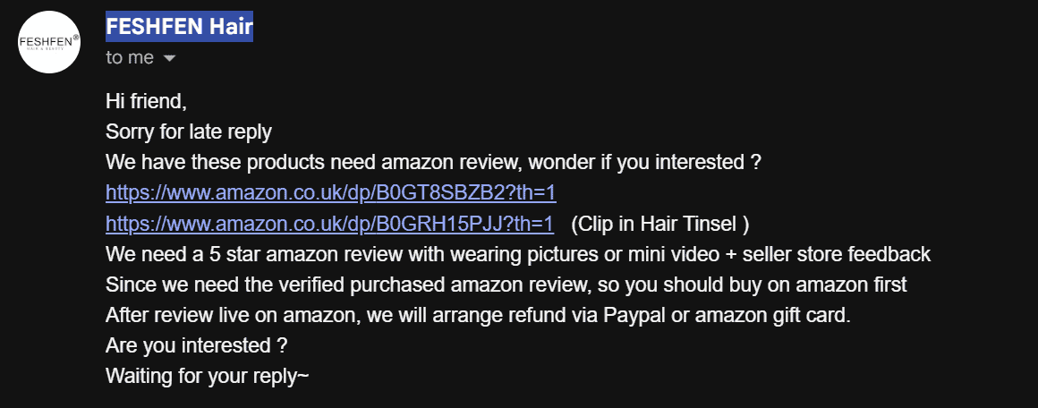 Email from Feshfen Hair requesting a 5 star Amazon review in exchange for a PayPal refund