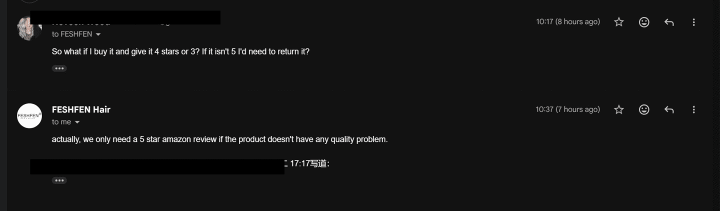 Feshfen Hair confirming they only want 5 star reviews if there are no quality problems