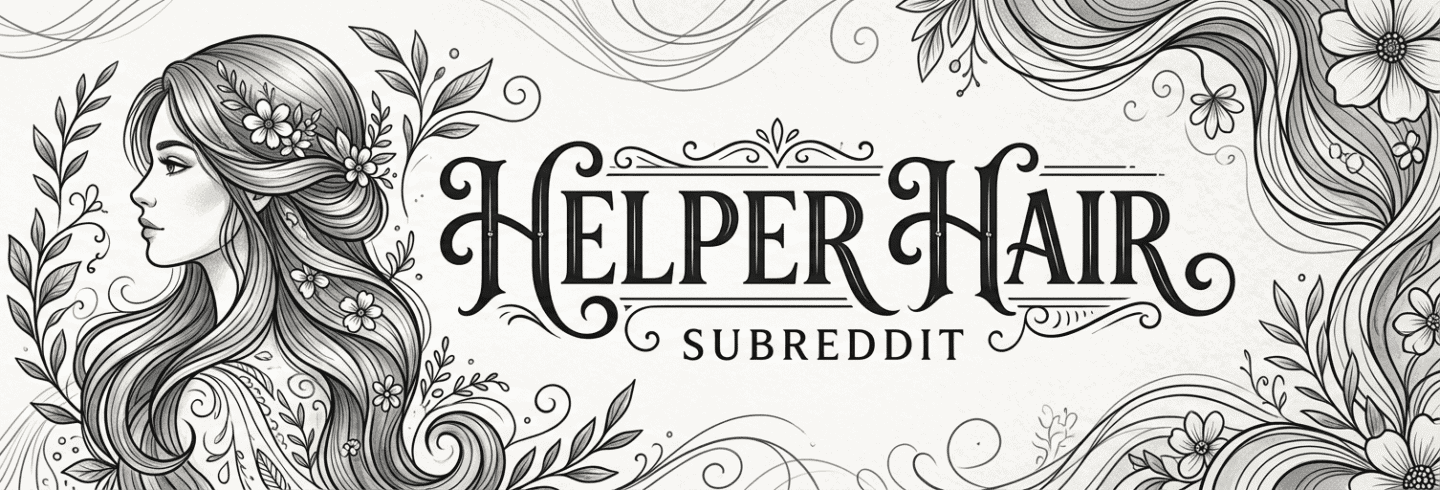 Black and white illustrated drawing of a woman with long hair, overlaid with the words Helper Hair Subreddit in feminine cursive text