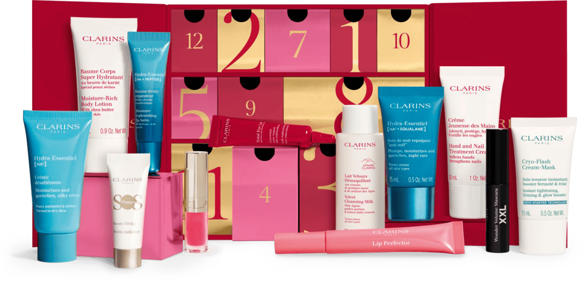Clarins 12 Day Advent Calendar 2026 contents laid out in front of the red and pink calendar box
