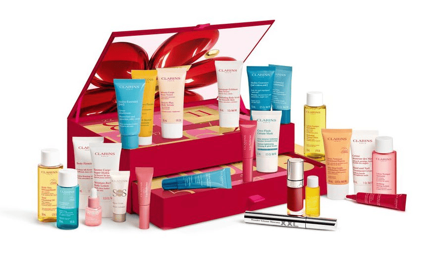 Clarins 24 Day Advent Calendar 2026 open with all twenty four skincare, makeup and body care products