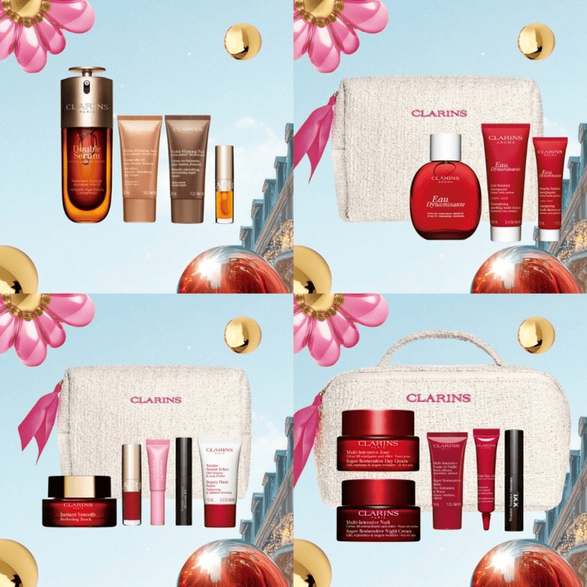 Clarins Christmas gift sets 2026: Double Serum Collection, Eau Dynamisante, Make-Up Collection and Deluxe Super Restorative