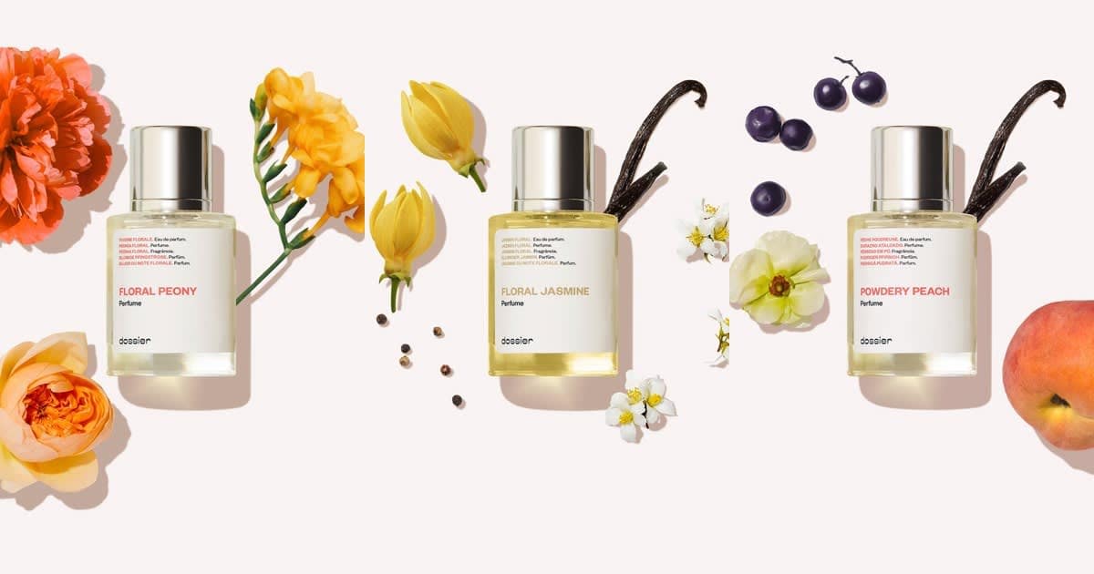 Dossier Floral Peony, Floral Jasmine and Powdery Peach perfume bottles side by side