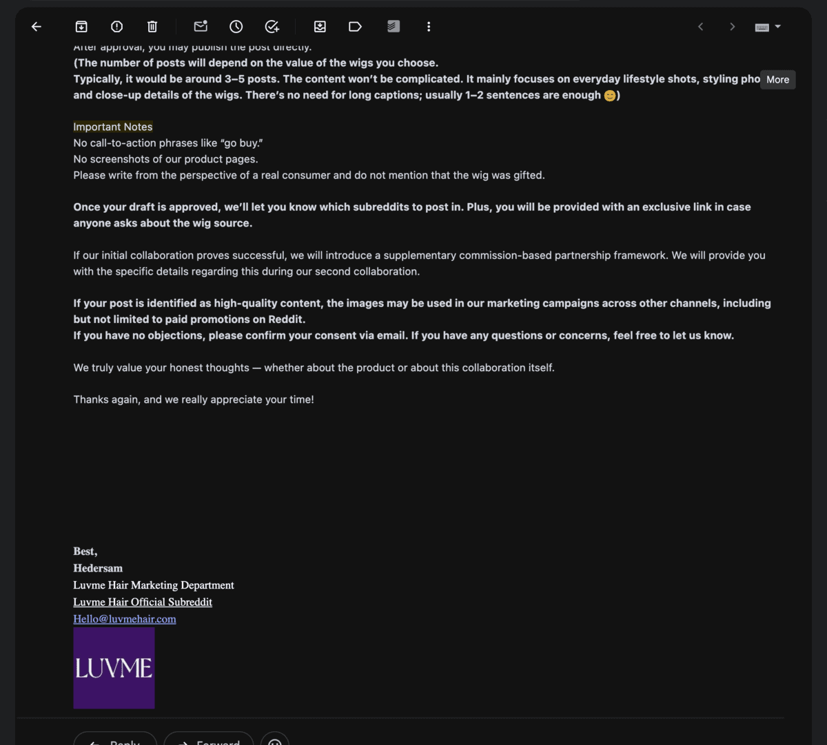 The Important Notes section of the Luvme Hair brief, containing the instruction to write from the perspective of a real consumer and not mention that the wig was gifted, followed by the offer of an exclusive link in case anyone asks about the wig source