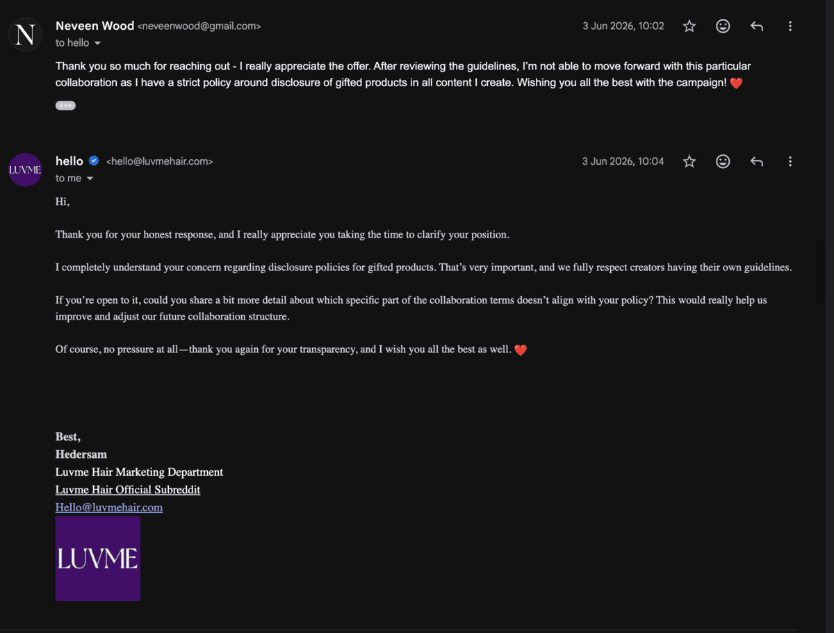 Neveen Wood declining the Luvme Hair collaboration over its disclosure terms, and Luvme Hair replying to ask which specific part of the terms did not align with her policy