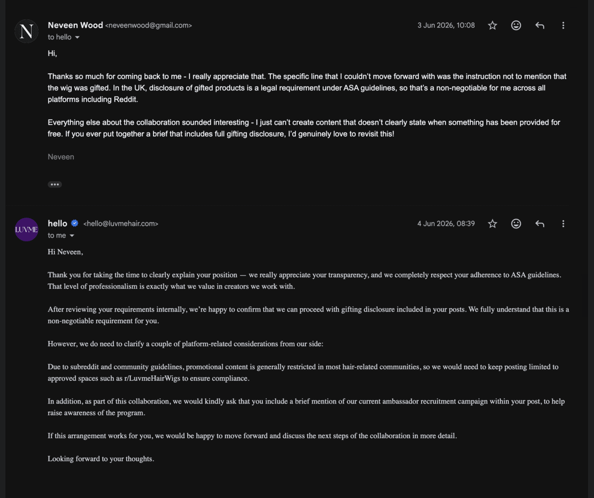 Neveen Wood explaining that the instruction not to mention the wig was gifted is a non-negotiable under UK ASA guidelines, and Luvme Hair replying the next morning to confirm they will proceed with gifting disclosure included