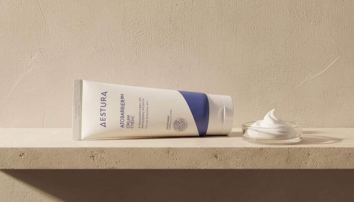 Aestura Atobarrier 365 Cream tube on a stone bathroom shelf