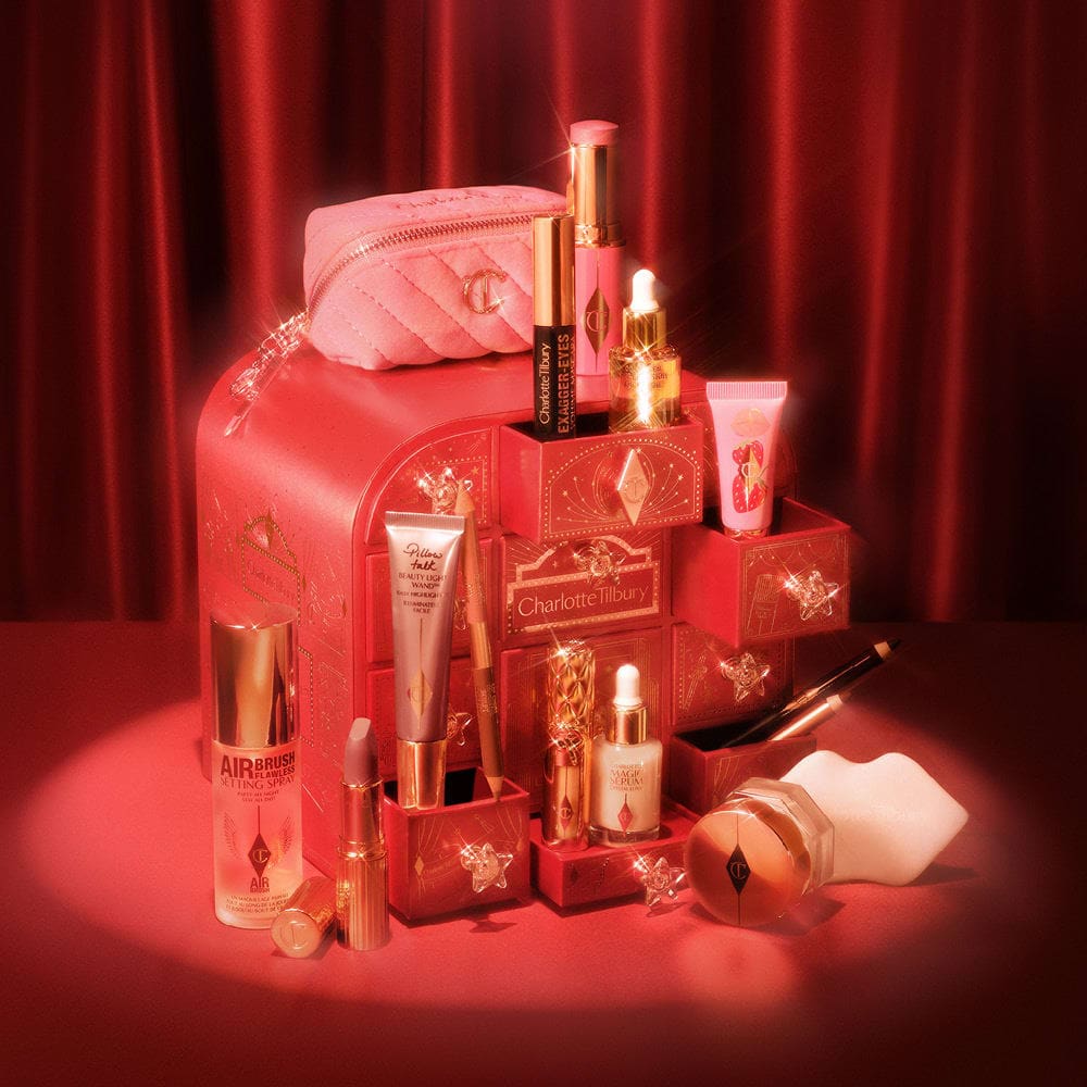 Charlotte Tilbury advent calendar 2026, Charlotte's Hollywood Beauty Wonderland, open with products