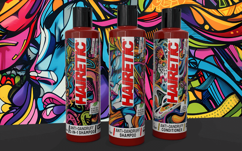 The three Hairetic anti-dandruff bottles: Sensitive Shampoo, Sensitive Conditioner and the 2-in-1
