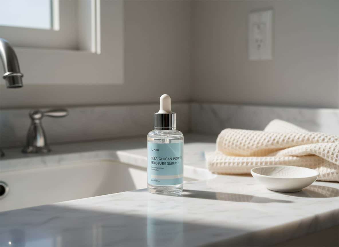 iUNIK Beta Glucan Power Moisture Serum bottle on a marble bathroom counter
