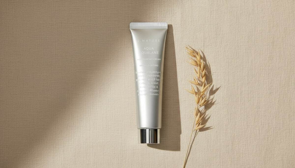 S.Nature Aqua Squalane Moisturizing Cream tube on beige linen with a sprig of oats